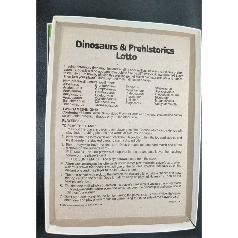 1986 Dinosaurs & Prehistoric Lotto Match Game Educational Trend Enterprises